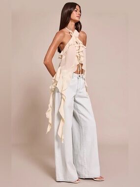 NWT PrettyLittleThing Cream Chiffon Ruffle Halter Longline Top Size 0